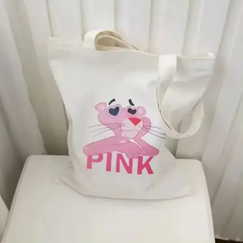 Graphic Canvas Tote Bag with Fun Pink Character Design